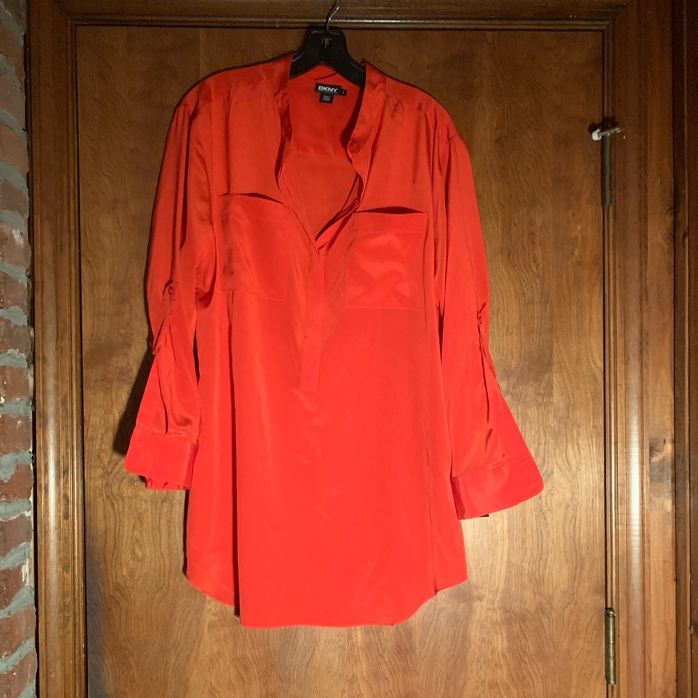 DKNY Red Silk Tunic Blouse Collarless Fold-up